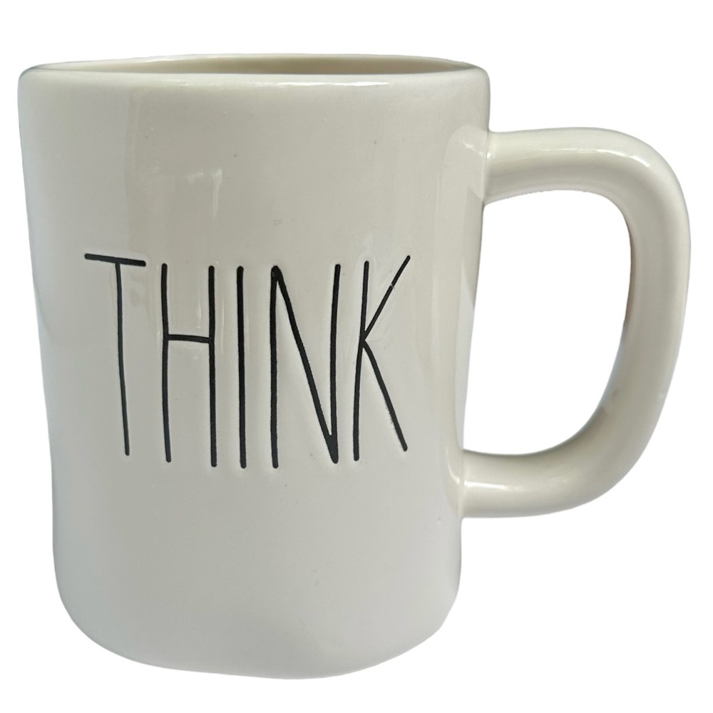 Rae Dunn THINK Mug Coffee Tea White Black Large Letters Dimples NWT 2017 OG